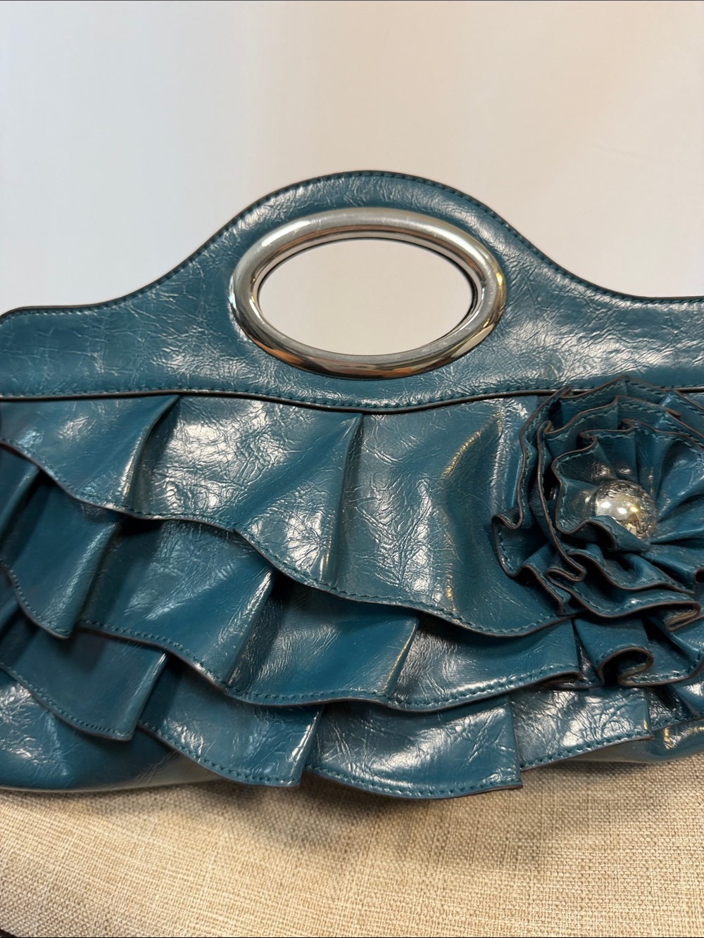 NICOLE Teal Ruffle Flower Handle Clutch - Stylish Women's Bag - Picture 3 of 9